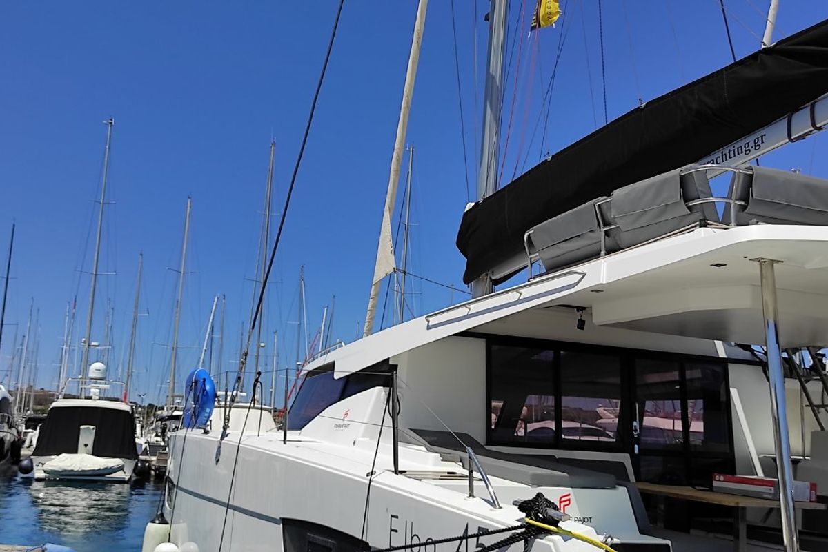 Exterior view of Kon-tiki, a Fountaine Pajot Elba 45 catamaran at Lavreotiki Municipal Unit, Greece