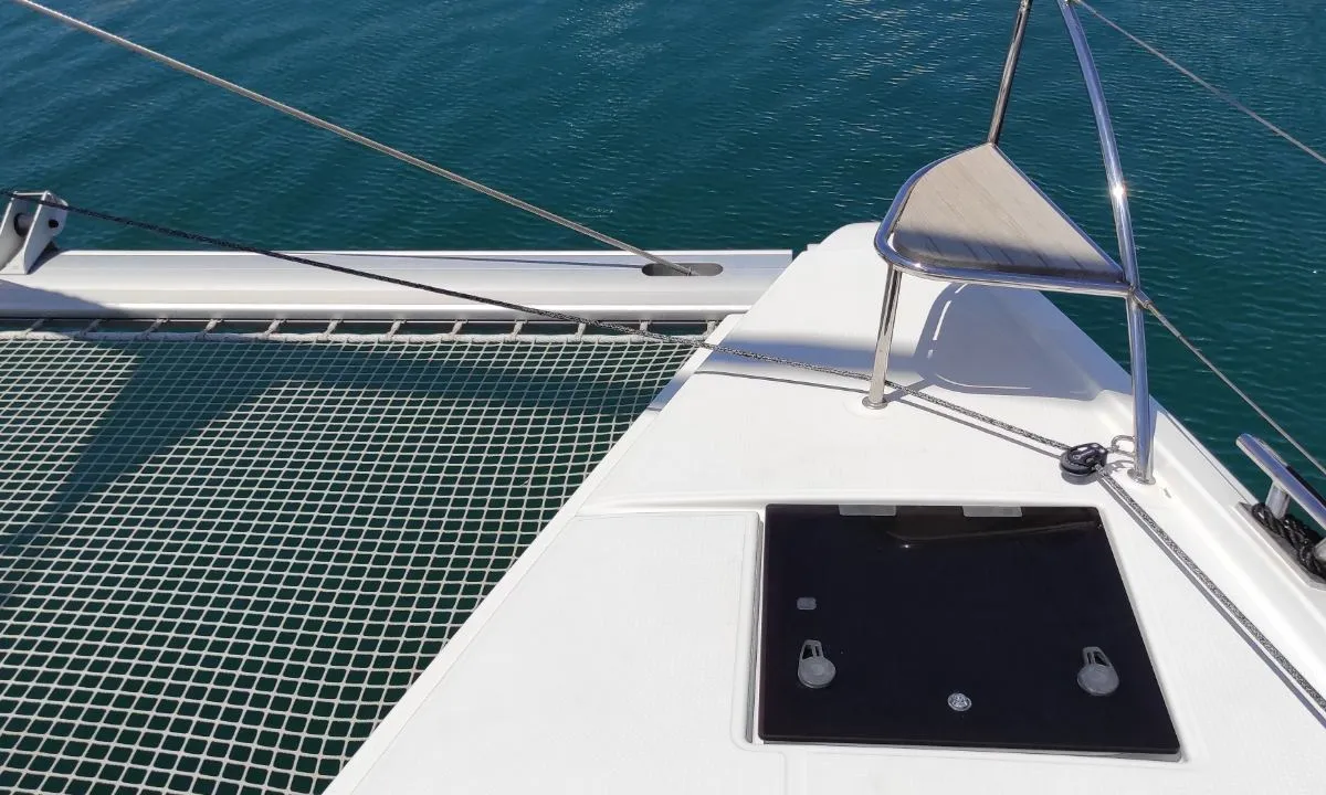Deck of Kon-tiki, a Fountaine Pajot Elba 45 catamaran at Lavreotiki Municipal Unit, Greece
