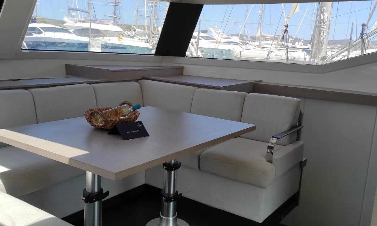 Salon of Kon-tiki, a Fountaine Pajot Elba 45 catamaran at Lavreotiki Municipal Unit, Greece