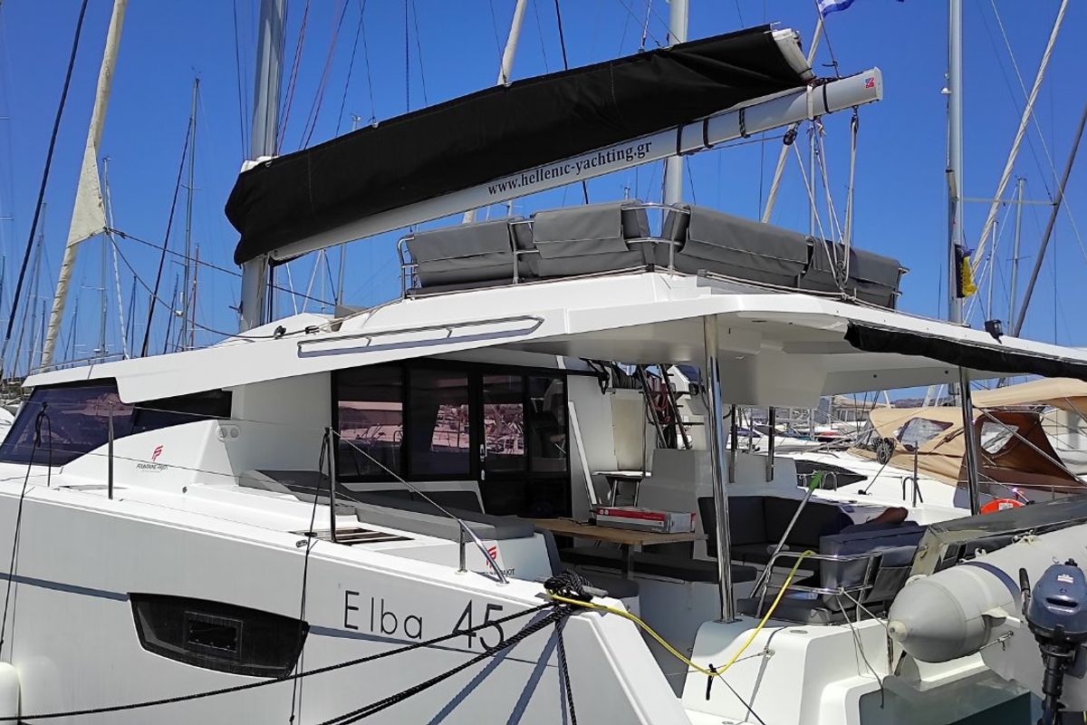 Exterior view of Kon-tiki, a Fountaine Pajot Elba 45 catamaran at Lavreotiki Municipal Unit, Greece