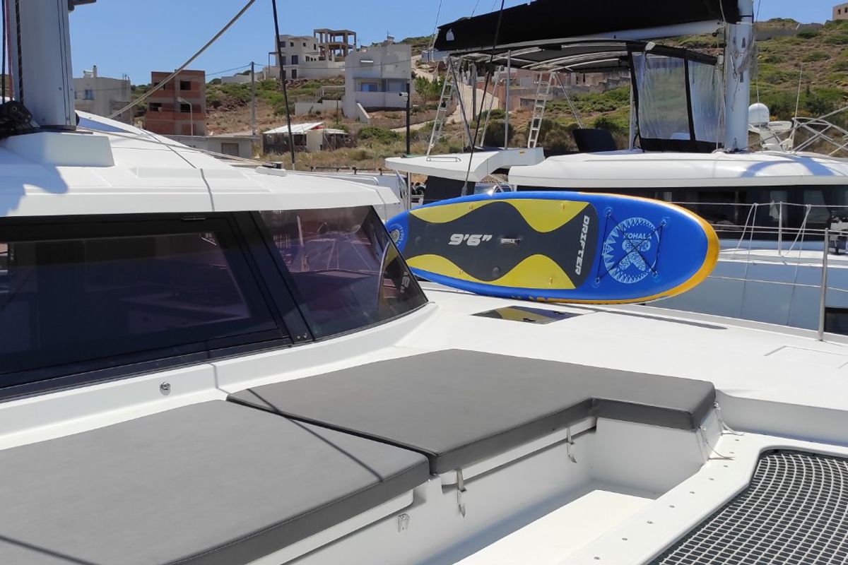 Deck of Kon-tiki, a Fountaine Pajot Elba 45 catamaran at Lavreotiki Municipal Unit, Greece