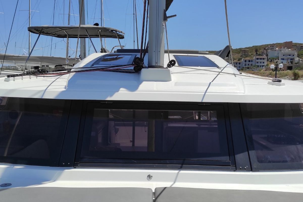 Deck of Kon-tiki, a Fountaine Pajot Elba 45 catamaran at Lavreotiki Municipal Unit, Greece