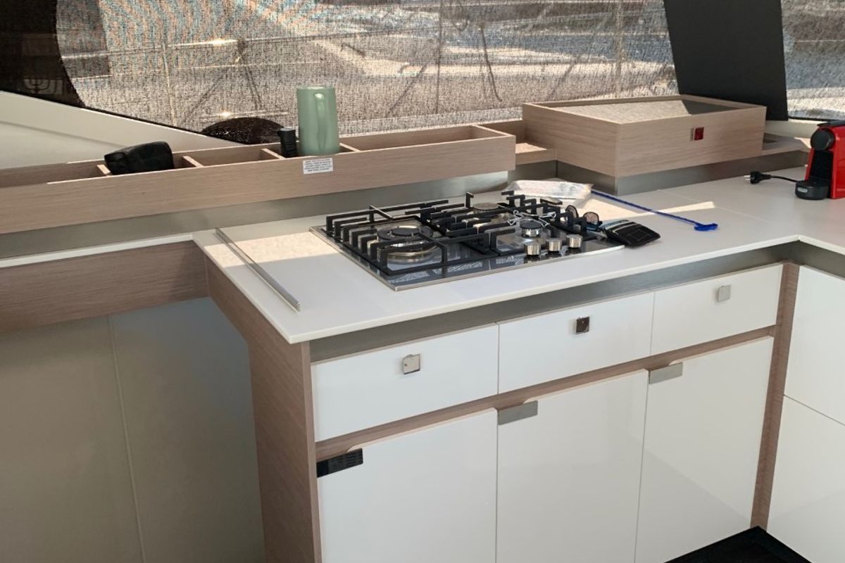 Galley of Kon-tiki, a Fountaine Pajot Elba 45 catamaran at Lavreotiki Municipal Unit, Greece