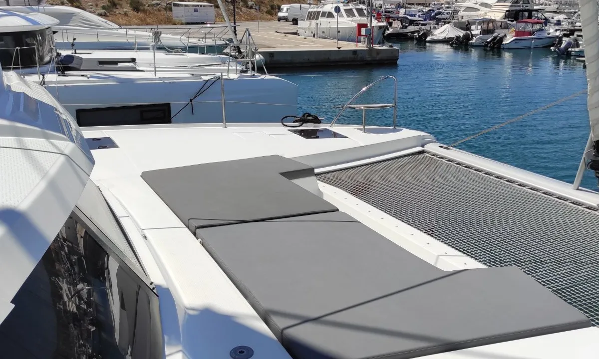 Deck of Kon-tiki, a Fountaine Pajot Elba 45 catamaran at Lavreotiki Municipal Unit, Greece