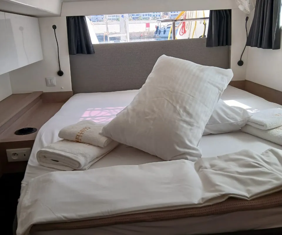 Cabin on Kon-tiki, a Fountaine Pajot Elba 45 catamaran at Lavreotiki Municipal Unit, Greece