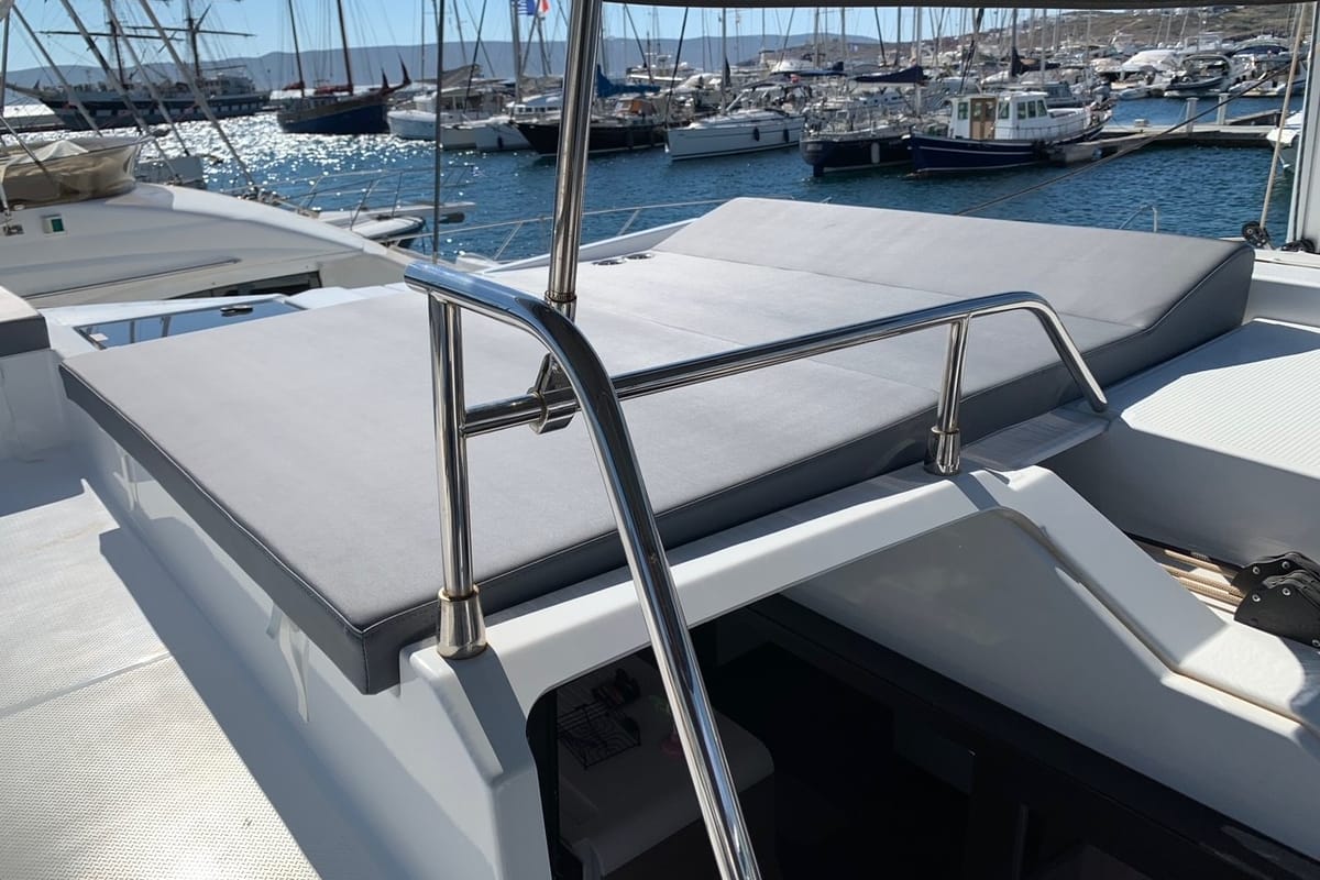Deck of Kon-tiki, a Fountaine Pajot Elba 45 catamaran at Lavreotiki Municipal Unit, Greece