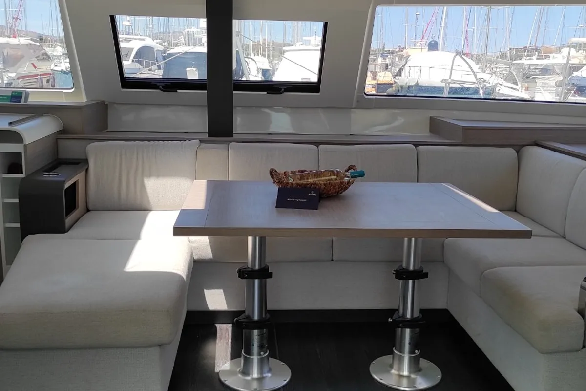 Salon of Kon-tiki, a Fountaine Pajot Elba 45 catamaran at Lavreotiki Municipal Unit, Greece