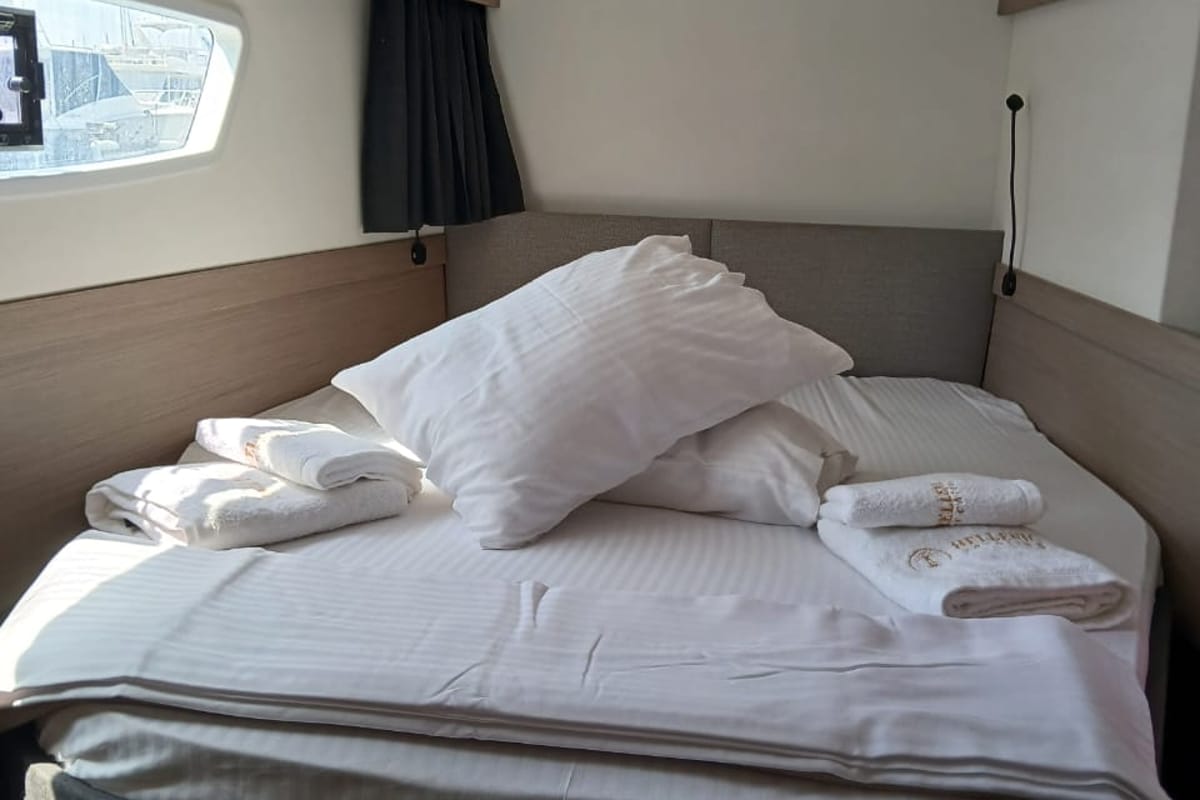 Cabin on Kon-tiki, a Fountaine Pajot Elba 45 catamaran at Lavreotiki Municipal Unit, Greece