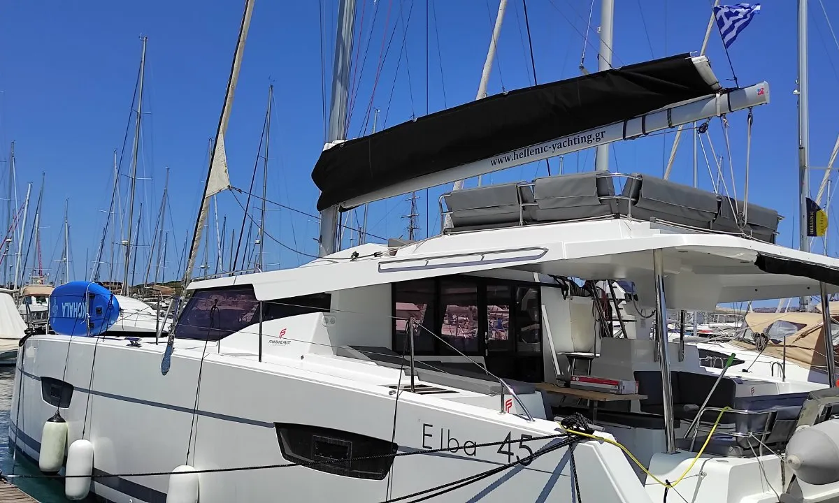 Exterior view of Kon-tiki, a Fountaine Pajot Elba 45 catamaran at Lavreotiki Municipal Unit, Greece