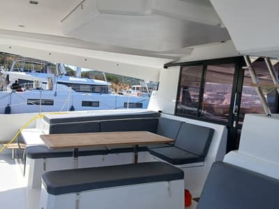 Deck of Kon-tiki, a Fountaine Pajot Elba 45 catamaran at Lavreotiki Municipal Unit, Greece