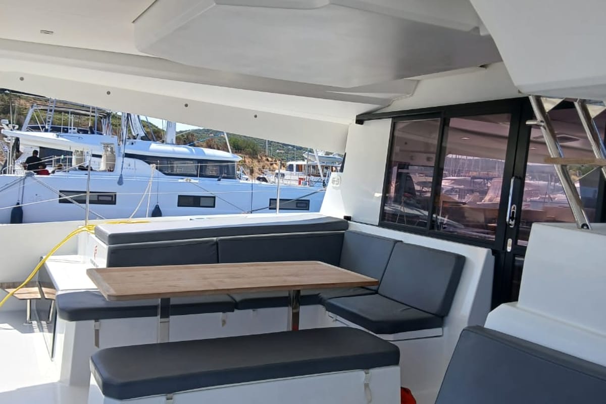 Deck of Kon-tiki, a Fountaine Pajot Elba 45 catamaran at Lavreotiki Municipal Unit, Greece