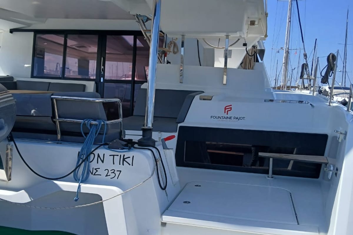 Exterior view of Kon-tiki, a Fountaine Pajot Elba 45 catamaran at Lavreotiki Municipal Unit, Greece