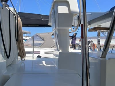 Cockpit of Kon-tiki, a Fountaine Pajot Elba 45 catamaran at Lavreotiki Municipal Unit, Greece