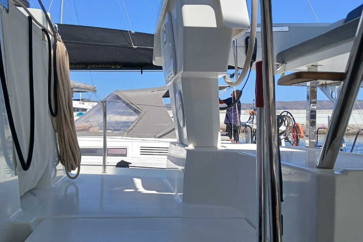 Cockpit of Kon-tiki, a Fountaine Pajot Elba 45 catamaran at Lavreotiki Municipal Unit, Greece