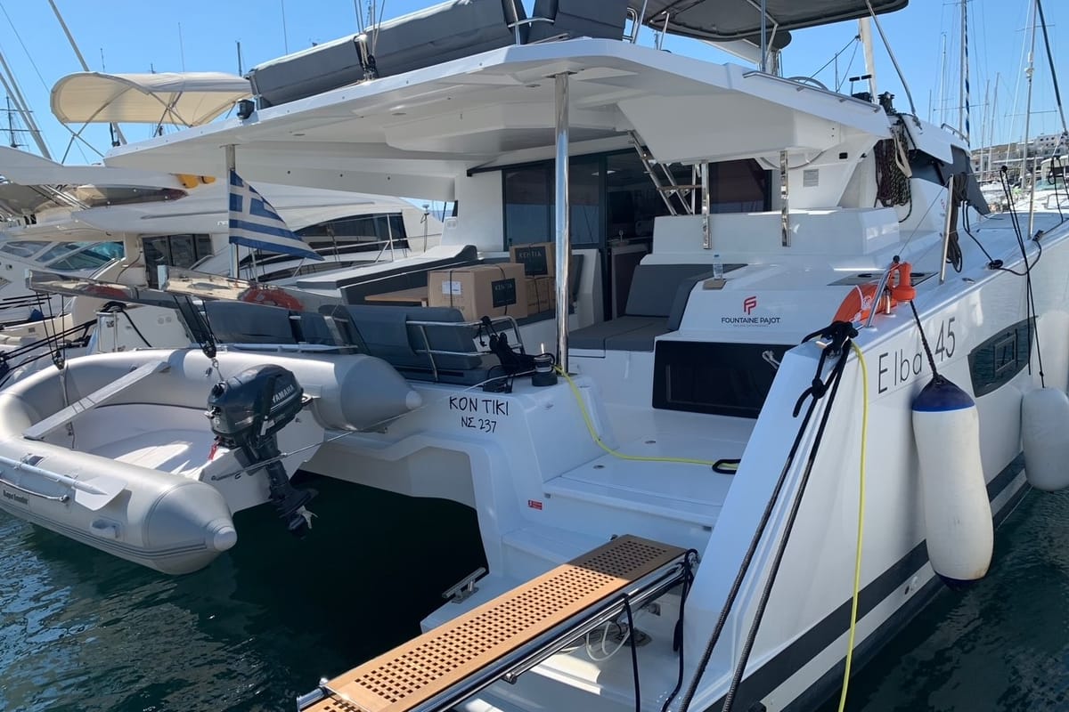 Exterior view of Kon-tiki, a Fountaine Pajot Elba 45 catamaran at Lavreotiki Municipal Unit, Greece