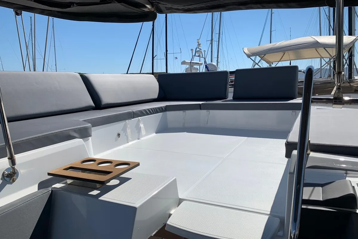 Deck of Kon-tiki, a Fountaine Pajot Elba 45 catamaran at Lavreotiki Municipal Unit, Greece