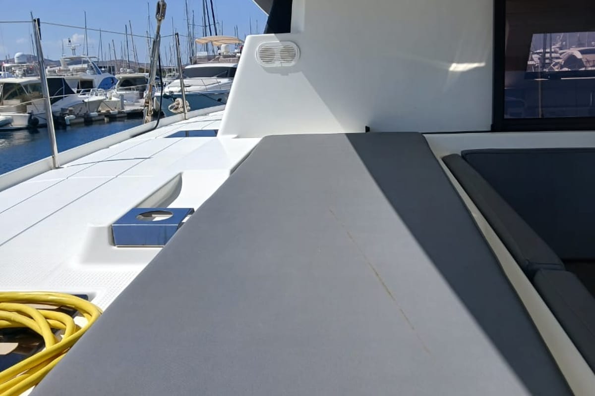 Deck of Kon-tiki, a Fountaine Pajot Elba 45 catamaran at Lavreotiki Municipal Unit, Greece