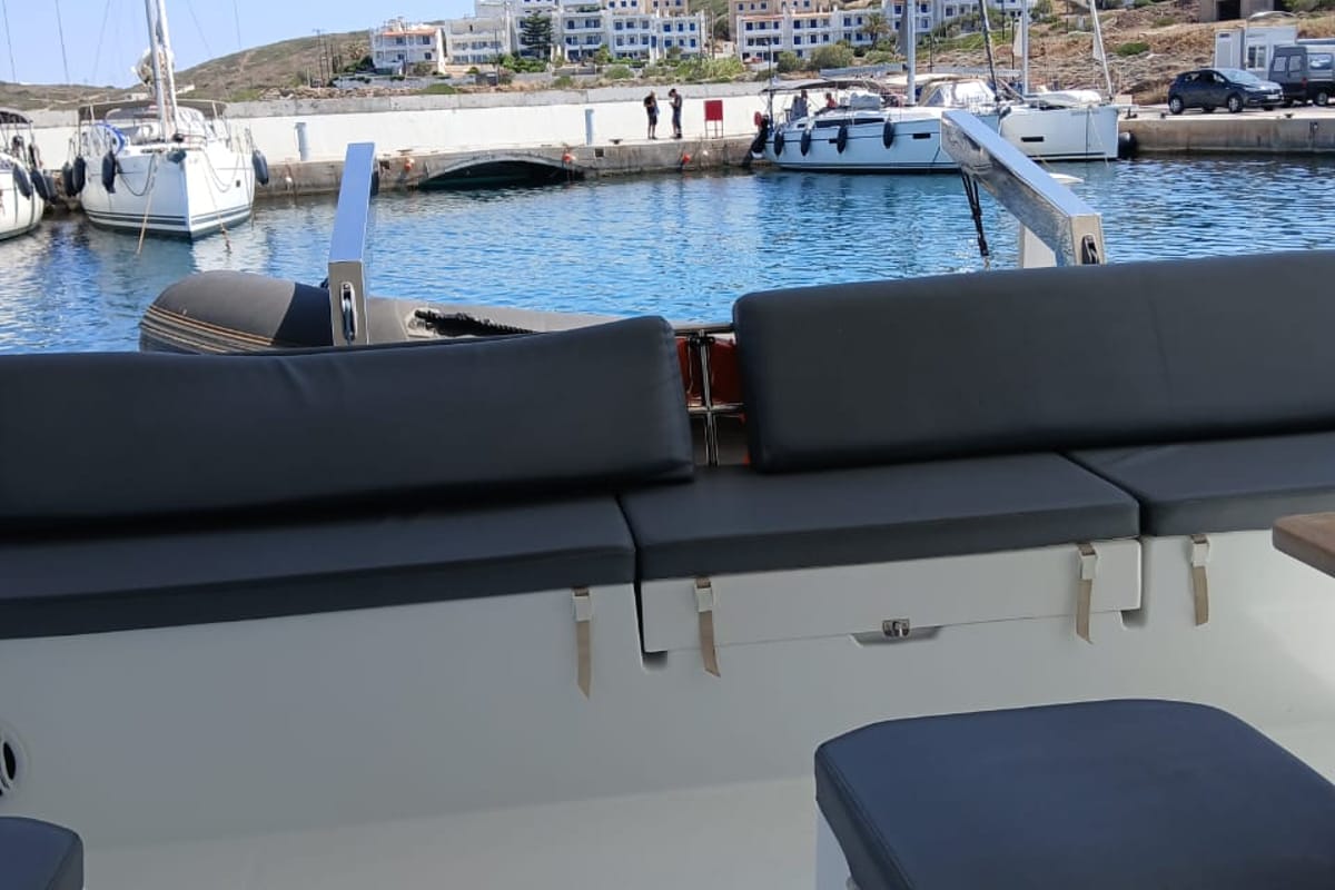 Deck of Kon-tiki, a Fountaine Pajot Elba 45 catamaran at Lavreotiki Municipal Unit, Greece