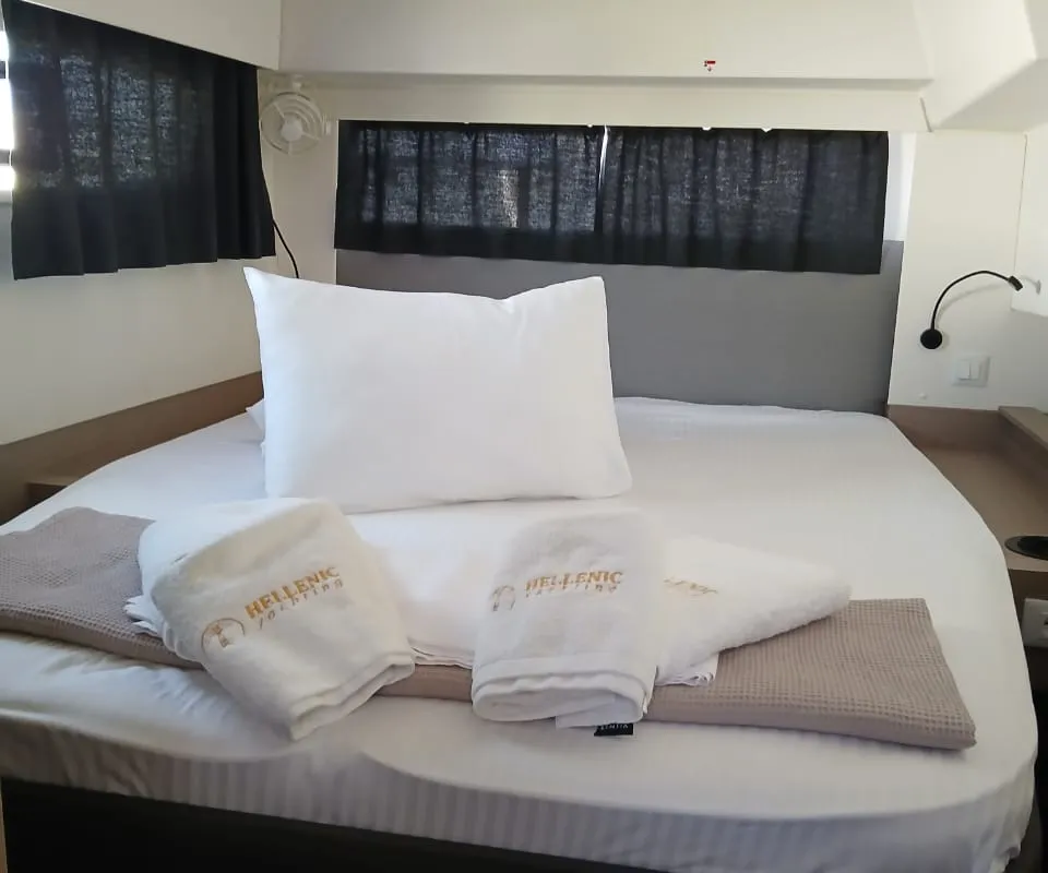 Cabin on Kon-tiki, a Fountaine Pajot Elba 45 catamaran at Lavreotiki Municipal Unit, Greece