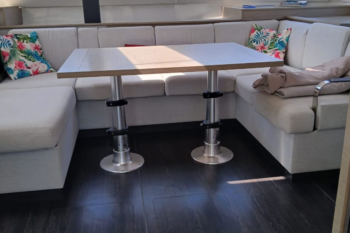 Salon of Kon-tiki, a Fountaine Pajot Elba 45 catamaran at Lavreotiki Municipal Unit, Greece