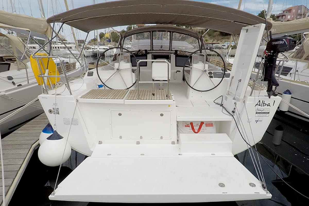 Cockpit of Alba 1, a Dufour 460 GL sailboat at Grad Šibenik, Croatia