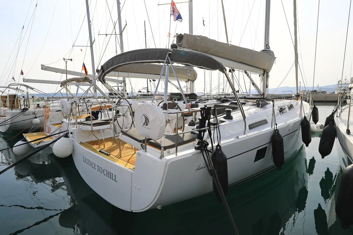 Exterior view of Licence To Chill, a Hanse Yachts Hanse 508 sailboat at Grad Kaštela, Croatia