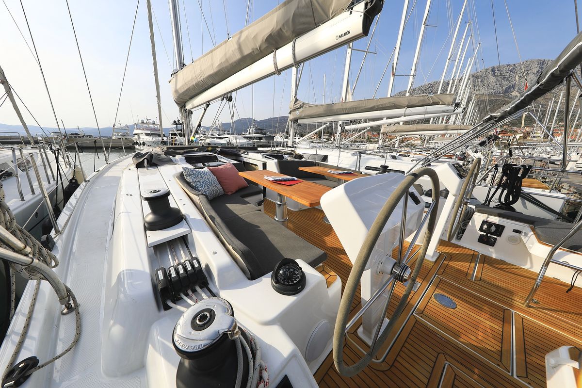 Deck of Licence To Chill, a Hanse Yachts Hanse 508 sailboat at Grad Kaštela, Croatia