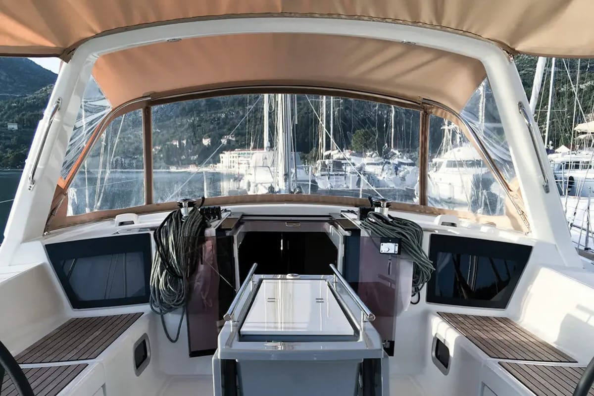 Cockpit of Cancan, a Beneteau Oceanis 45 sailboat at Tivat, Montenegro