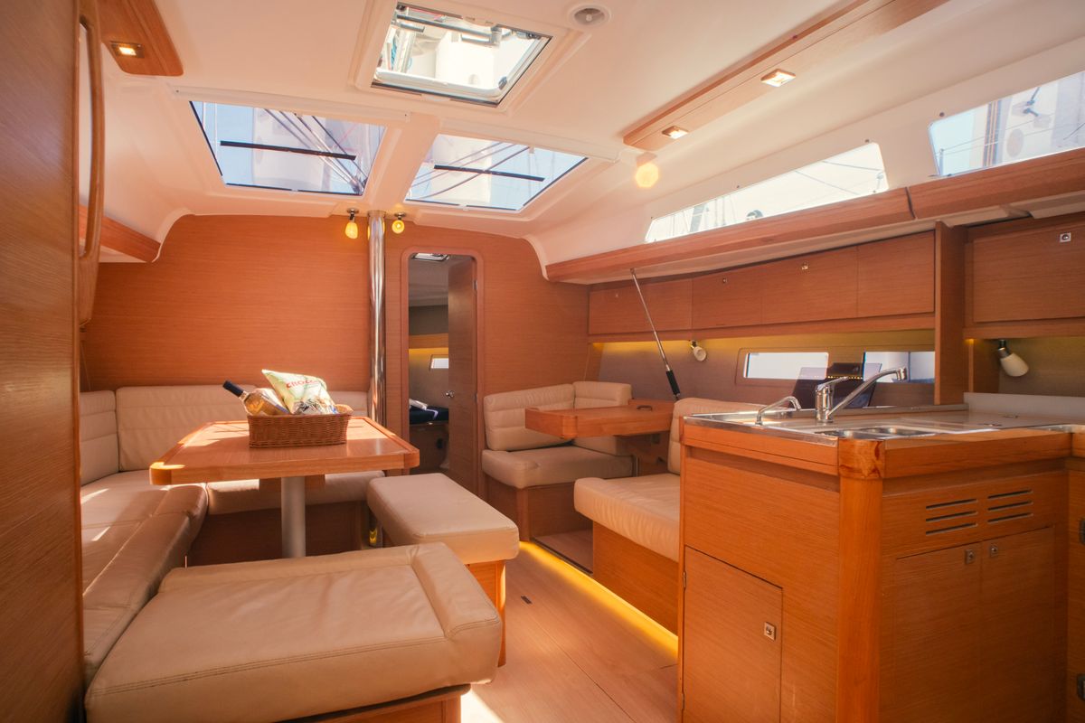Salon of Francesca II, a Dufour 412 Grand large sailboat at Olbia, Italy