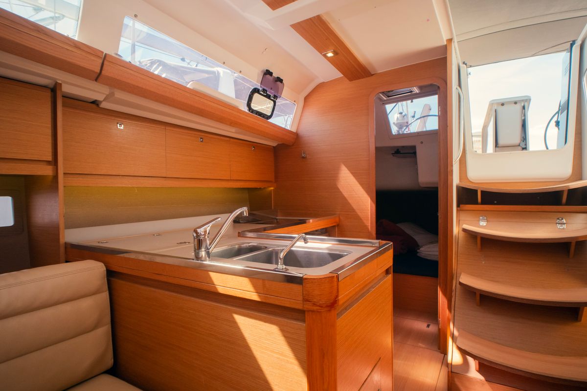 Galley of Francesca II, a Dufour 412 Grand large sailboat at Olbia, Italy