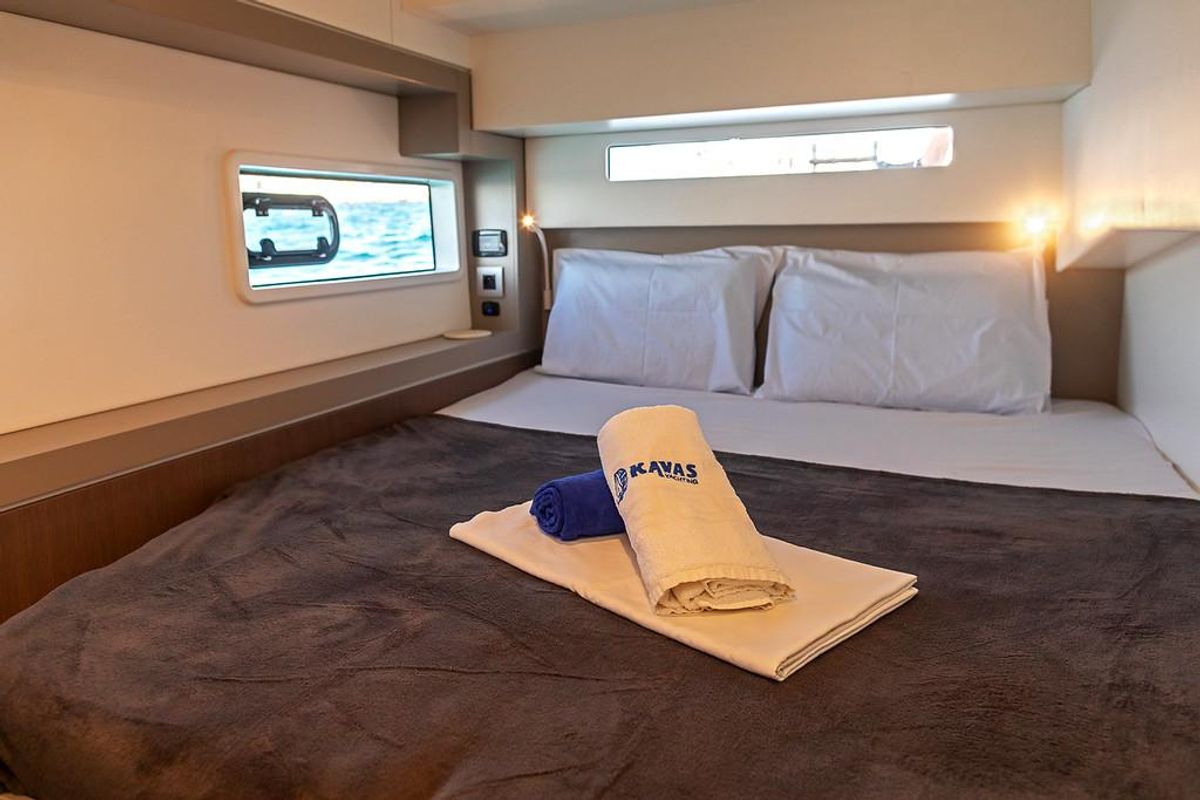 Cabin on Kos 42.10, a Bali 4.2 catamaran at Athens, Greece