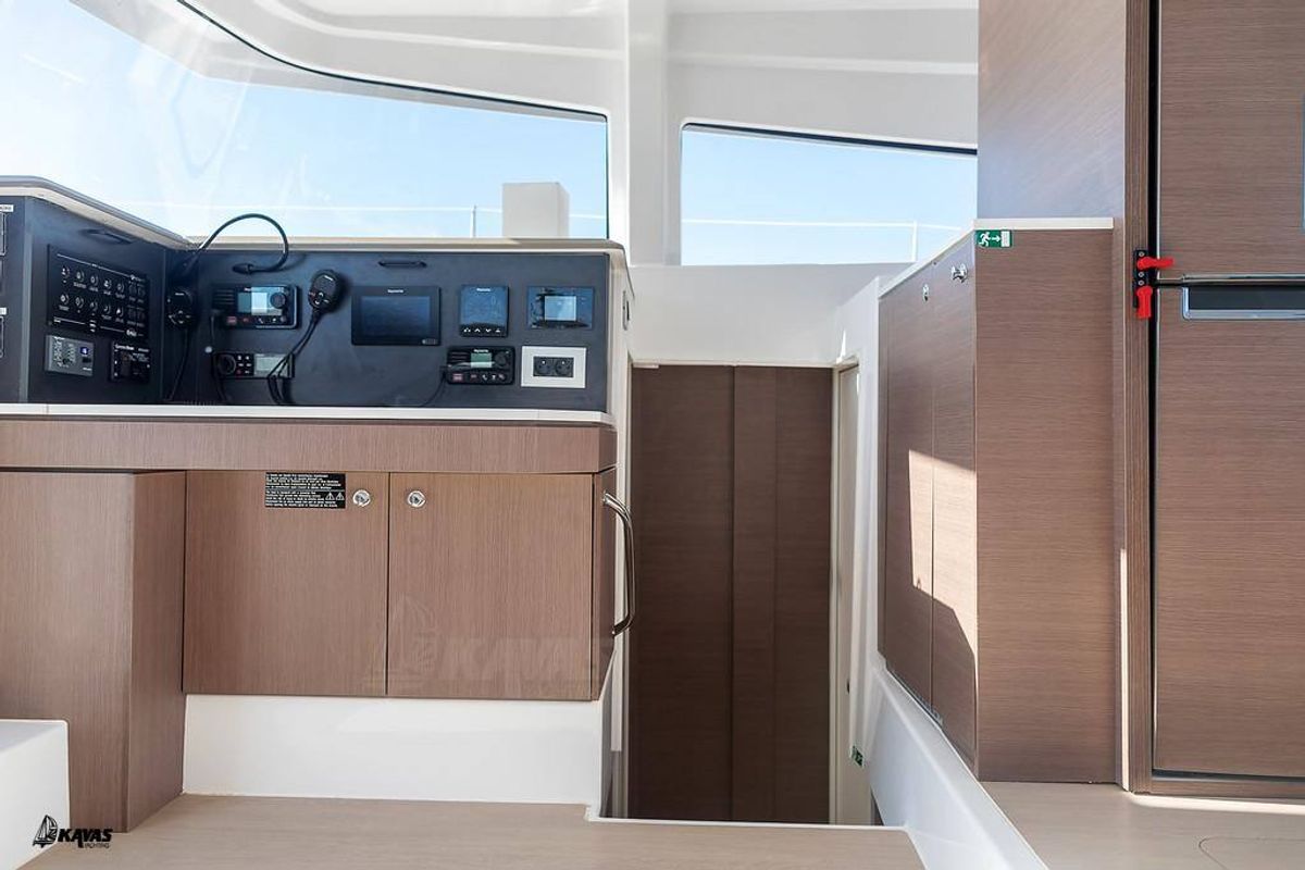 Cockpit of Kos 42.10, a Bali 4.2 catamaran at Athens, Greece