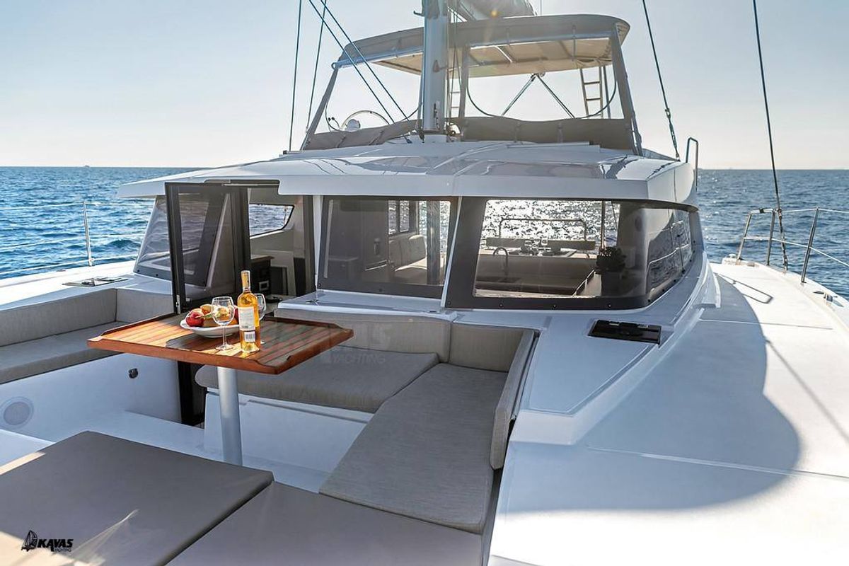 Deck of Kos 42.10, a Bali 4.2 catamaran at Athens, Greece