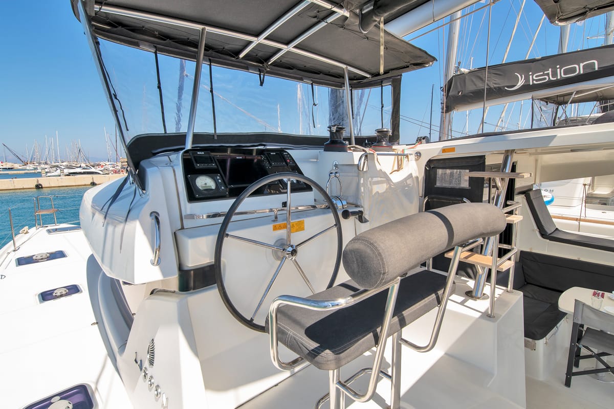 Cockpit of Ionas, a Lagoon 42 catamaran at Municipal Unit of Rhodes, Greece