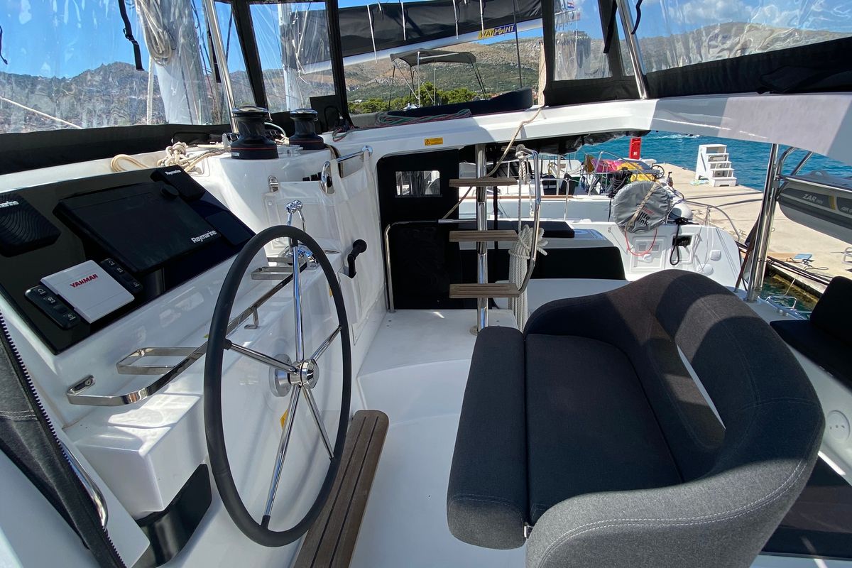 Cockpit of Hanselli, a Lagoon 42 catamaran at Grad Trogir, Croatia