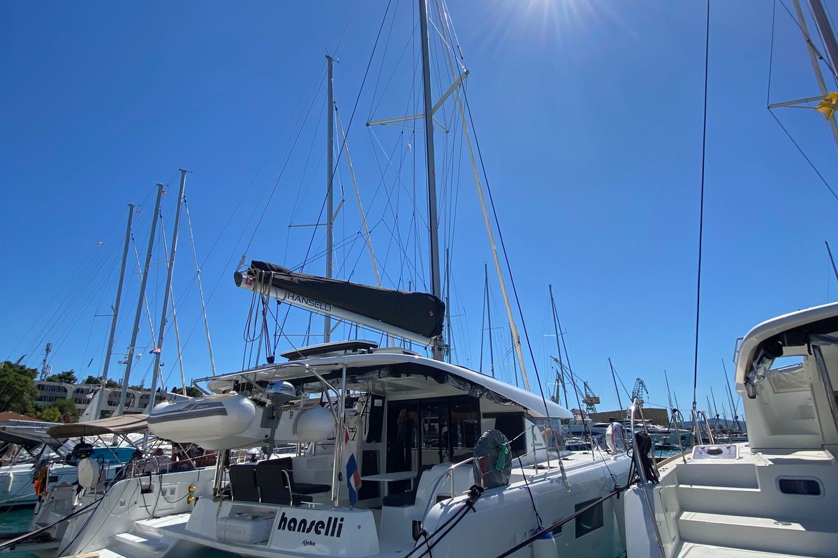 Exterior view of Hanselli, a Lagoon 42 catamaran at Grad Trogir, Croatia