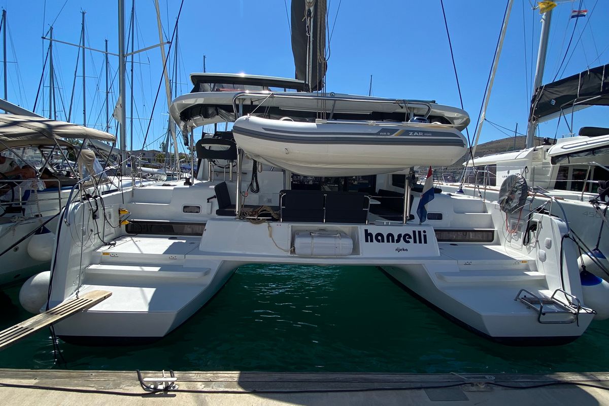 Exterior view of Hanselli, a Lagoon 42 catamaran at Grad Trogir, Croatia