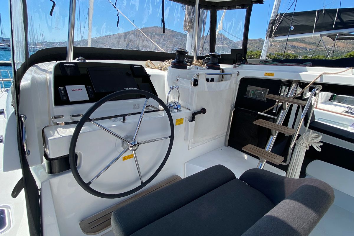 Cockpit of Hanselli, a Lagoon 42 catamaran at Grad Trogir, Croatia