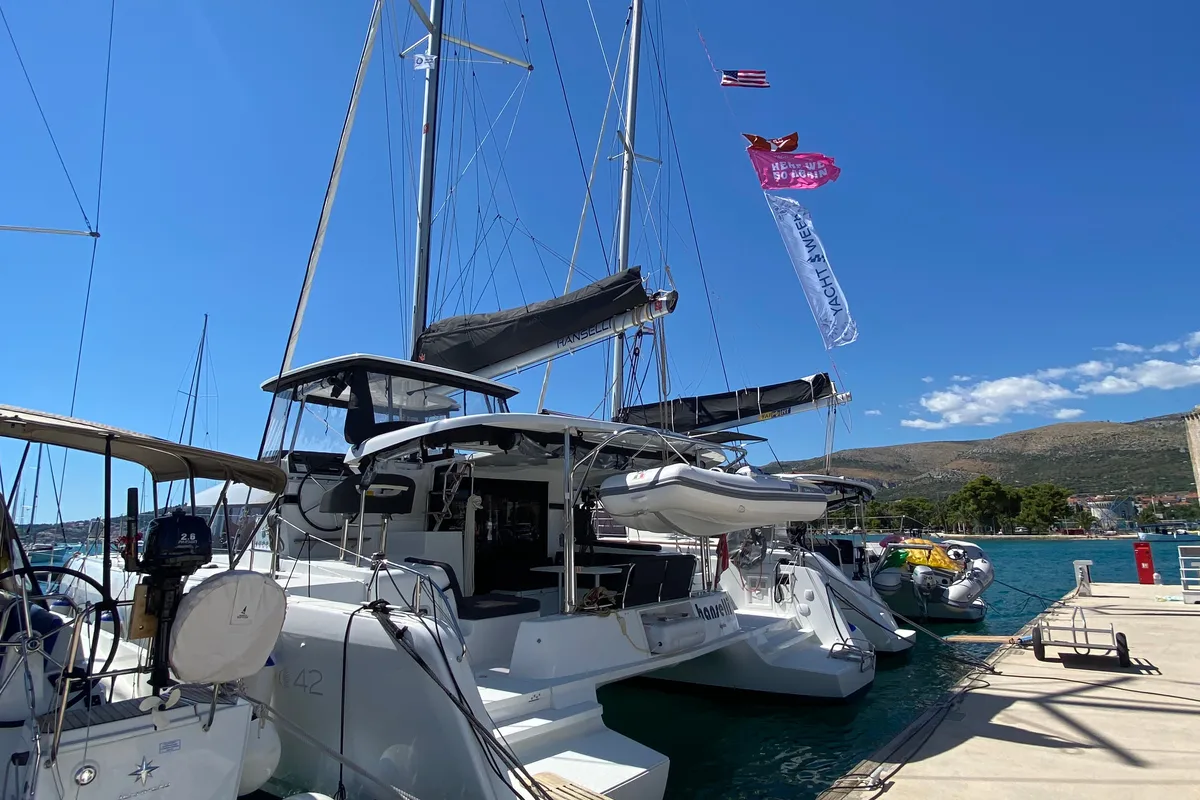 Exterior view of Hanselli, a Lagoon 42 catamaran at Grad Trogir, Croatia