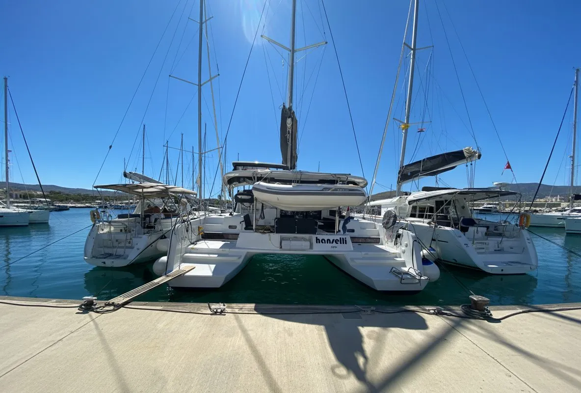 Exterior view of Hanselli, a Lagoon 42 catamaran at Grad Trogir, Croatia
