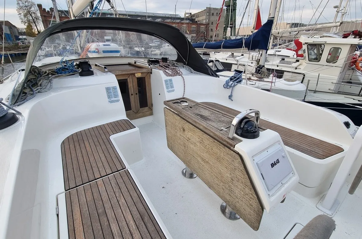 Deck of Wajra, a Bavaria 46 sailboat at Gdańsk, Poland