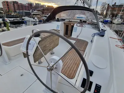 Cockpit of Wajra, a Bavaria 46 sailboat at Gdańsk, Poland