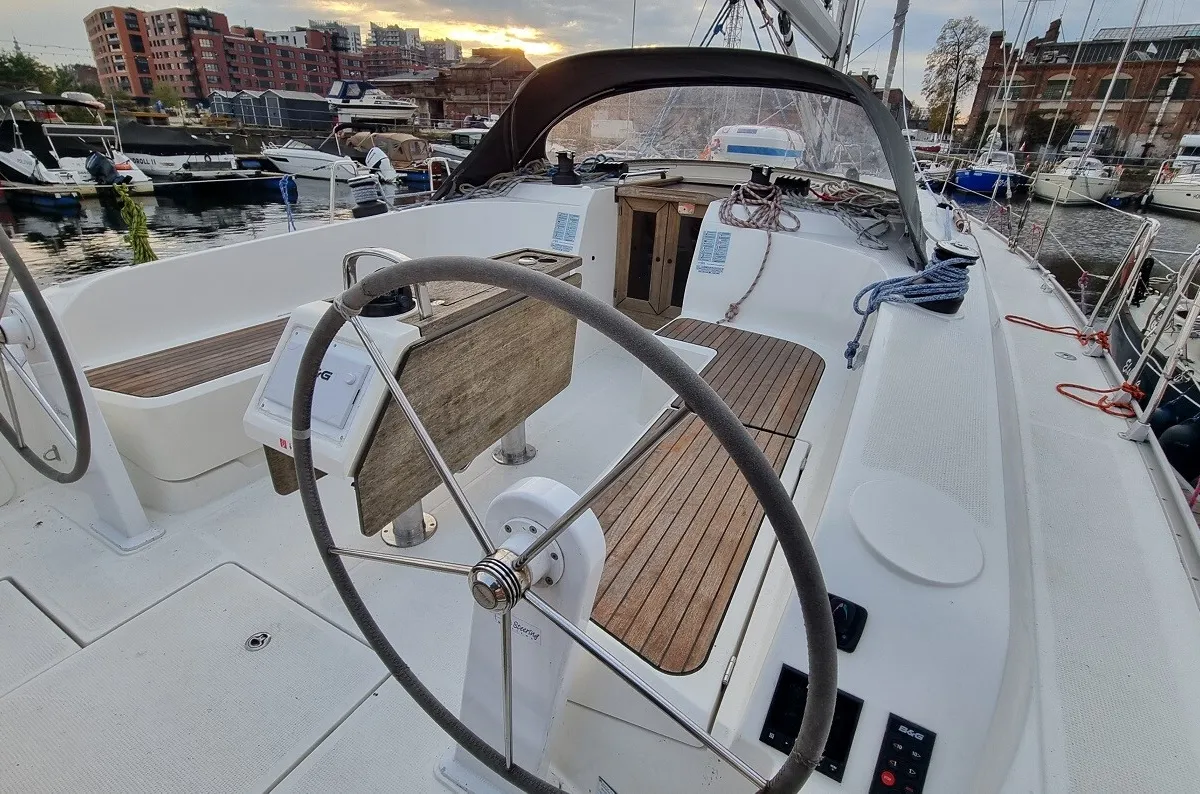 Cockpit of Wajra, a Bavaria 46 sailboat at Gdańsk, Poland