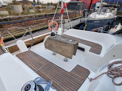 Deck of Wajra, a Bavaria 46 sailboat at Gdańsk, Poland