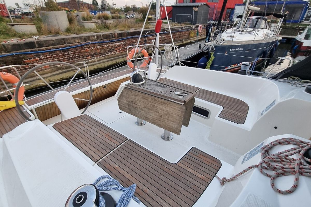 Deck of Wajra, a Bavaria 46 sailboat at Gdańsk, Poland
