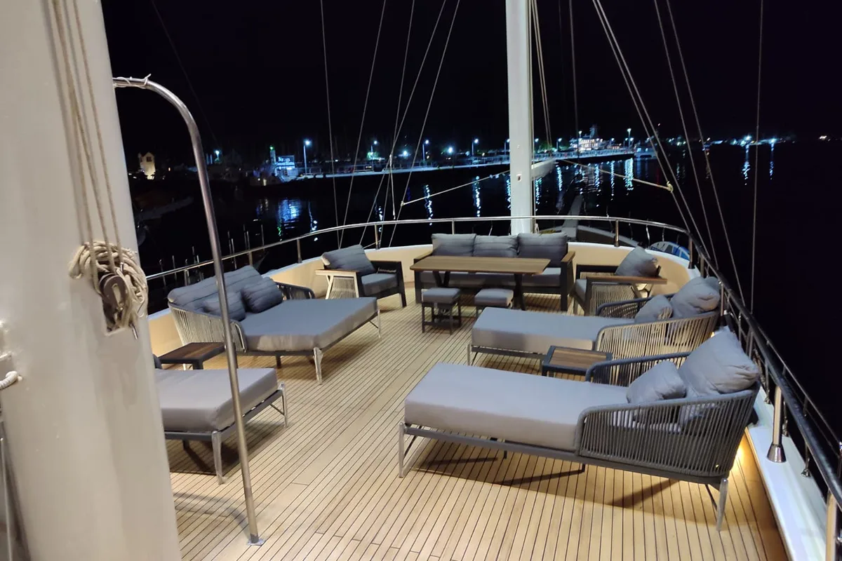 Deck of Sarayli I, a Gulet Gulet gulet at Marmaris, Turkey