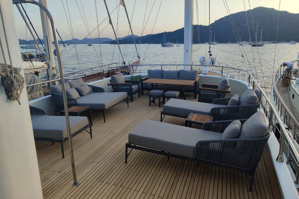 Deck of Sarayli I, a Gulet Gulet gulet at Marmaris, Turkey