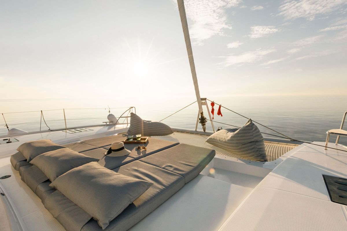 Deck of Dione, a Fountaine Pajot Tanna 47 catamaran at Municipal Unit of Lefkada, Greece
