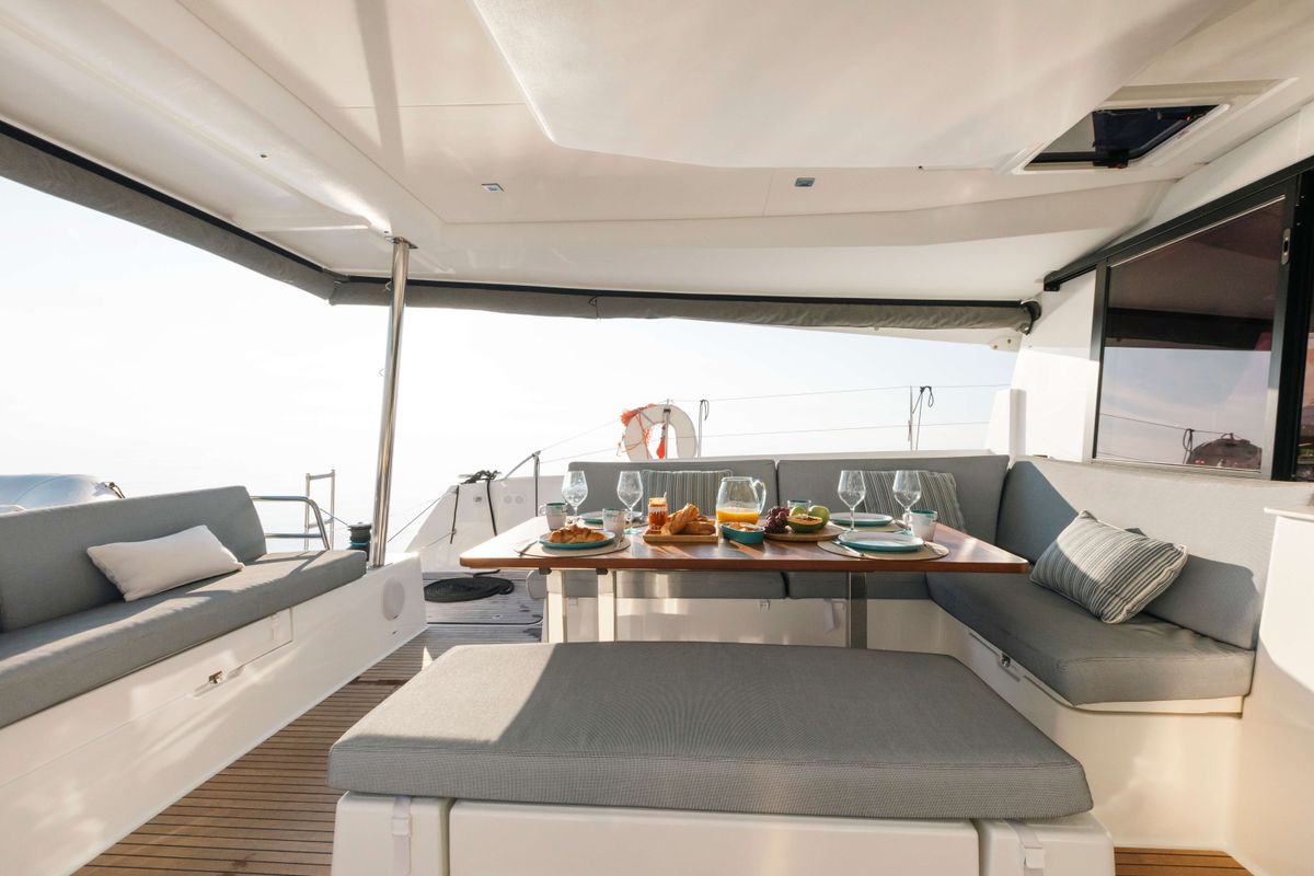 Deck of Dione, a Fountaine Pajot Tanna 47 catamaran at Municipal Unit of Lefkada, Greece