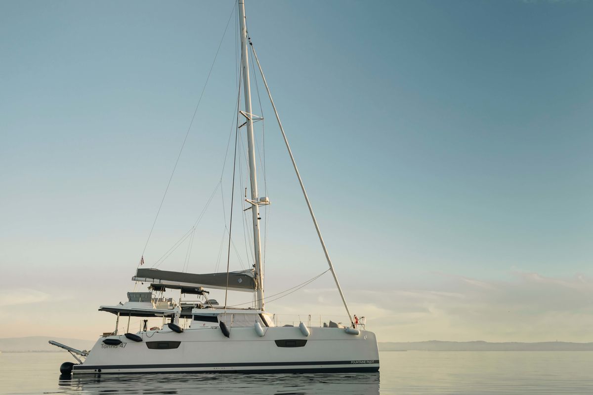 Exterior view of Dione, a Fountaine Pajot Tanna 47 catamaran at Municipal Unit of Lefkada, Greece